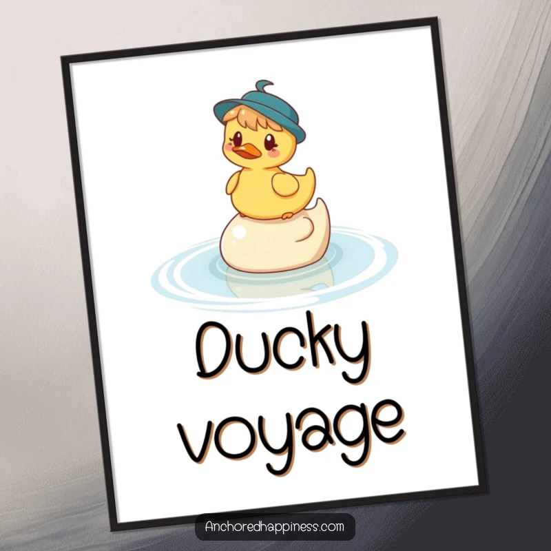 Funny digital art print of a whimsical character balanced on a rubber ducky in the water, offering instant humorous and playful decor.