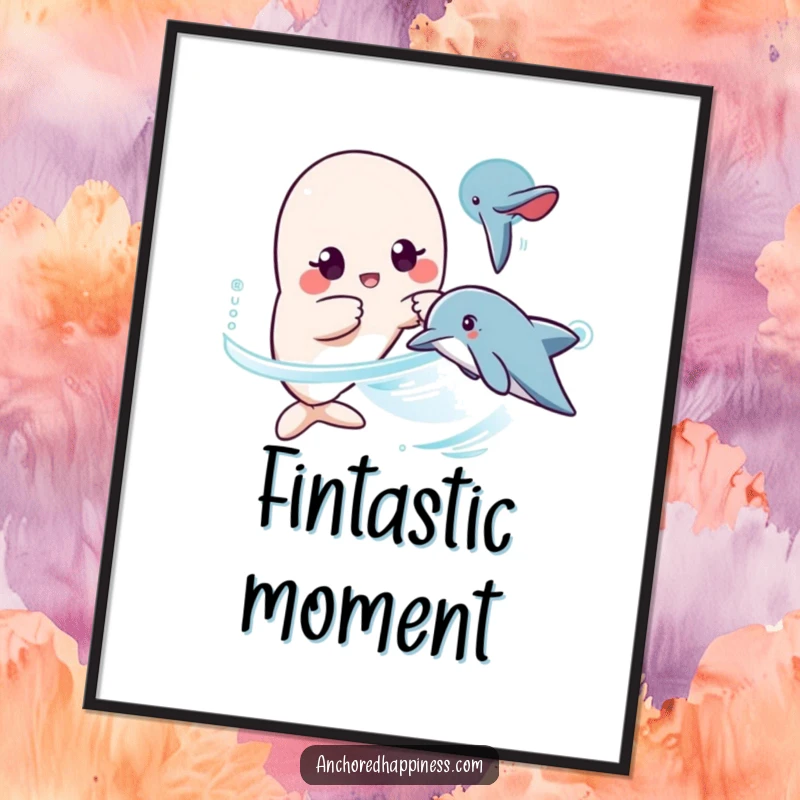 Funny kawaii dolphin surprise digital art print, character surprised, pointing at dolphin, humorous ocean artwork, printable wall decor gift.