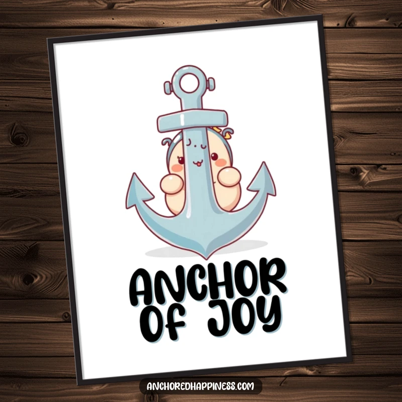 Funny digital art print of a plump character shyly peeking from behind a giant anchor, looking cute.