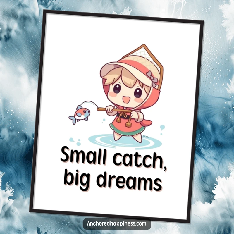 Funny digital art print of a character joyfully using a comically large net to catch a tiny fish, delivering instant humor.