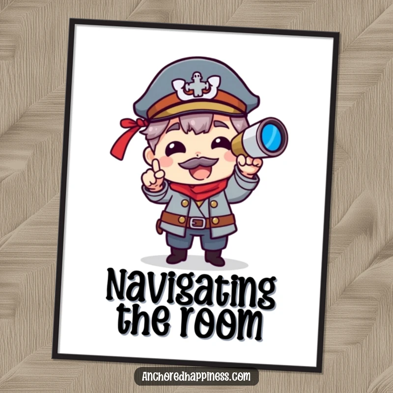 Funny digital art print of a character as a captain, pointing with a spyglass, exuding humorous authority and adventure.