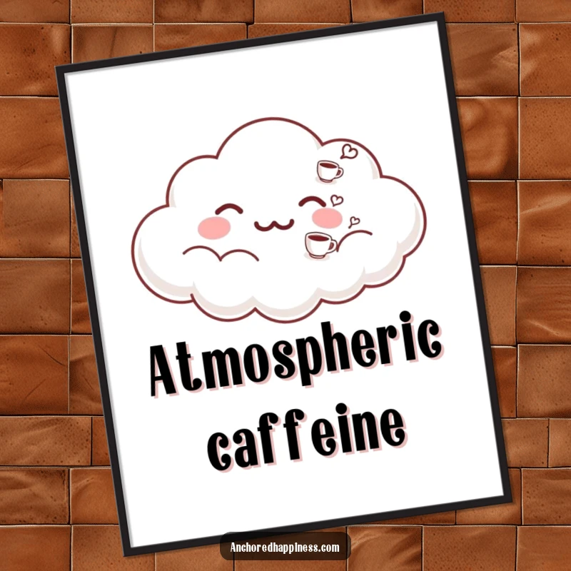 Funny digital art print of a cloud exhaling small, perfect coffee cups. A humorous and uplifting piece for any coffee lover's space. Instant download.