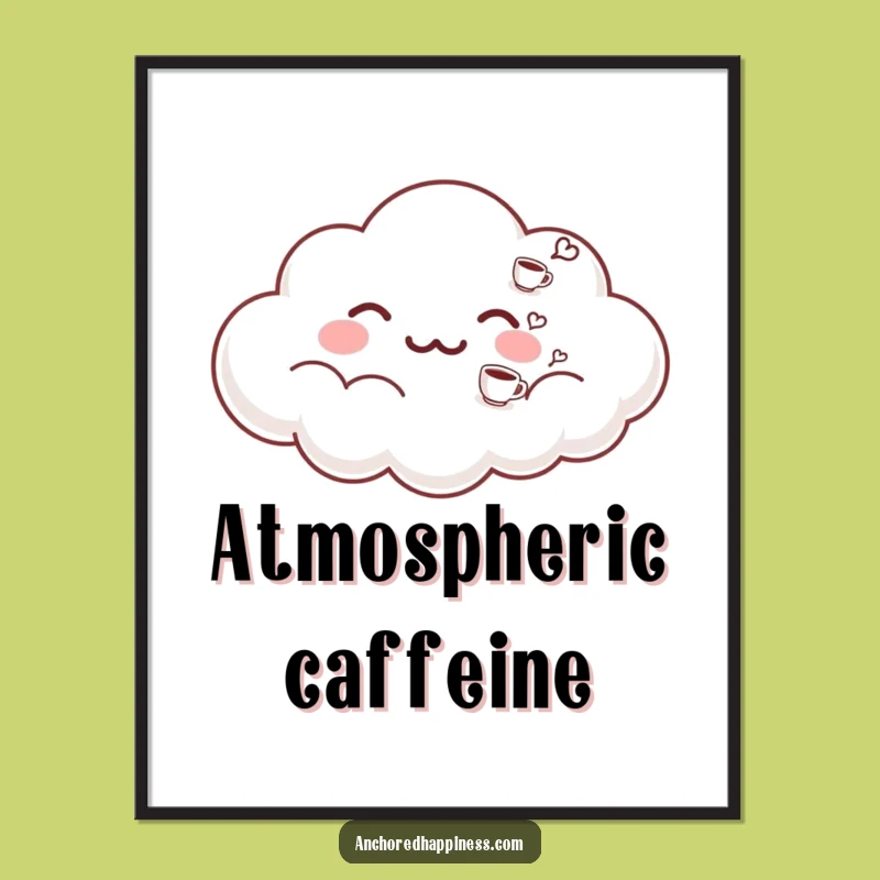 Funny Cloud Digital Art Print - Exhaling Coffee Cups, Whimsical Wall Decor