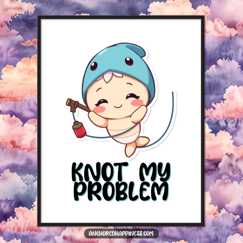 Funny digital art print of a cute character smiling widely while humorously tangled in fishing line, instant wall decor.