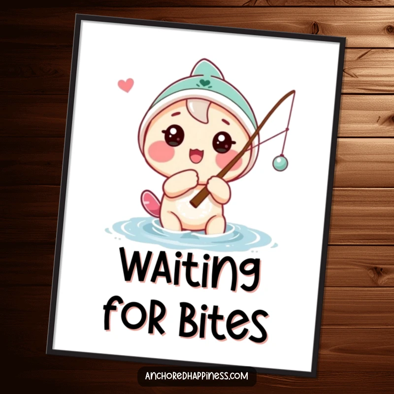 Funny digital art print of a playful character casting a fishing line with a hopeful look, perfect for fishing-themed rooms and humorous decor.