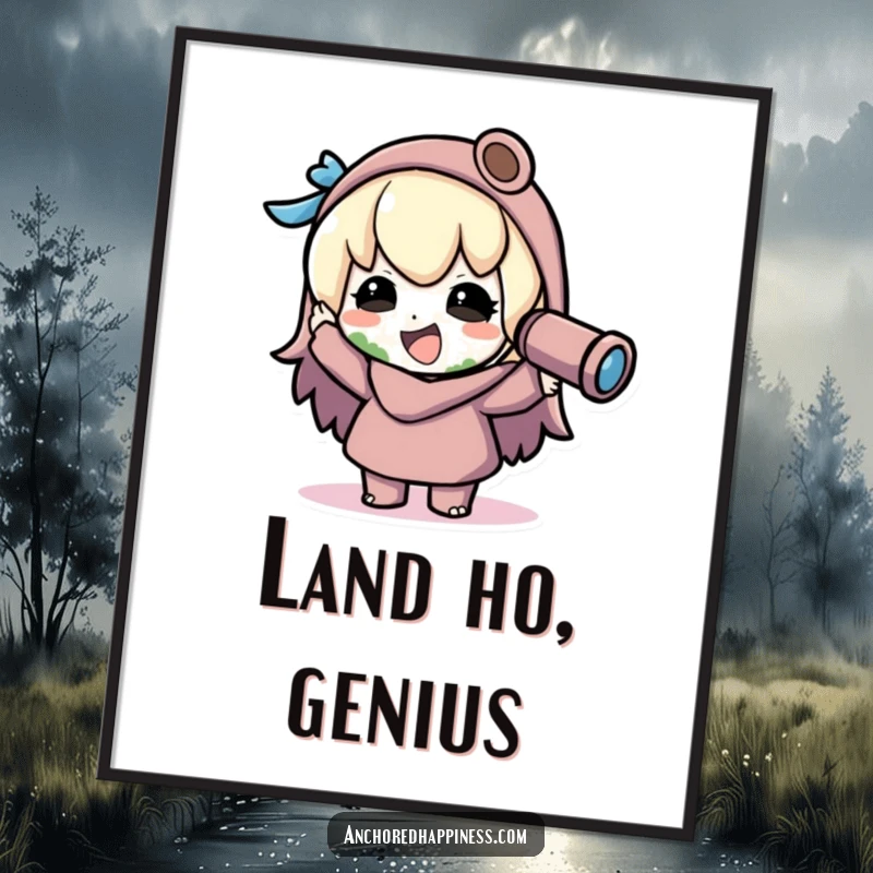 Funny kawaii 'Land Ahoy!' digital art print, character joyfully spots land through spyglass, celebrating discovery with humor, printable wall decor gift.