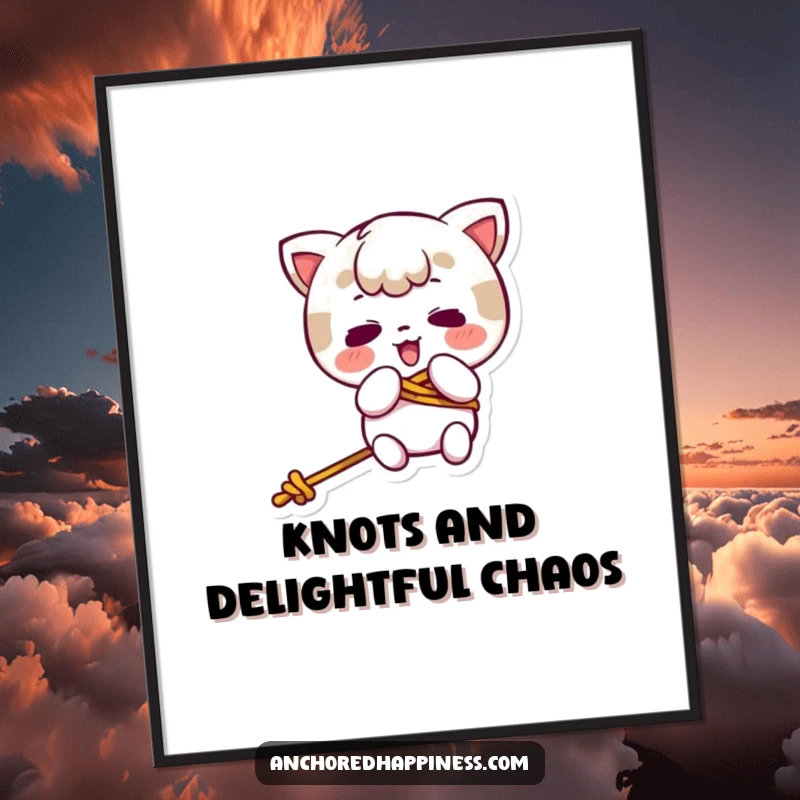 Funny kawaii character comically tangled in a rope, a charming digital art print for instant humorous wall decor.