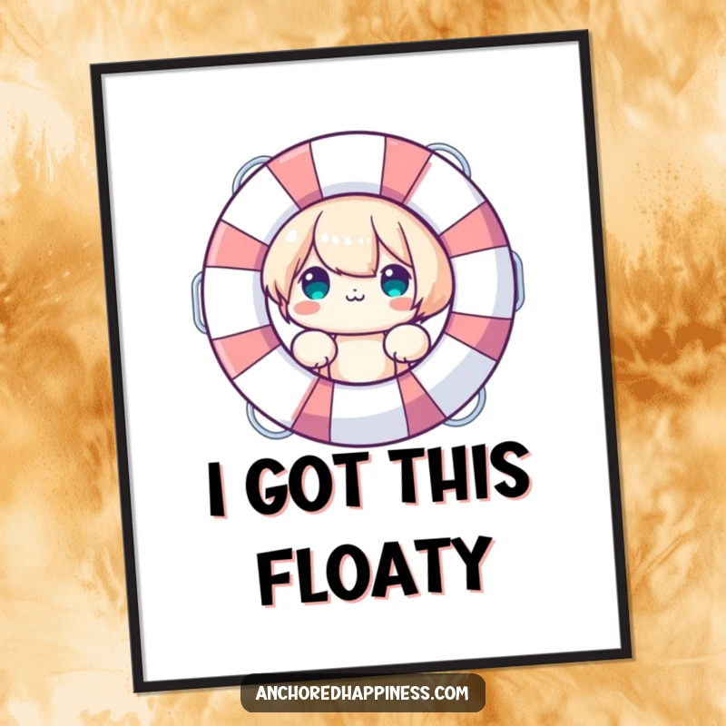 Funny Digital Art Print: Cute character peeking from behind a large life preserver, symbolizing playful safety, a charming funny gift.
