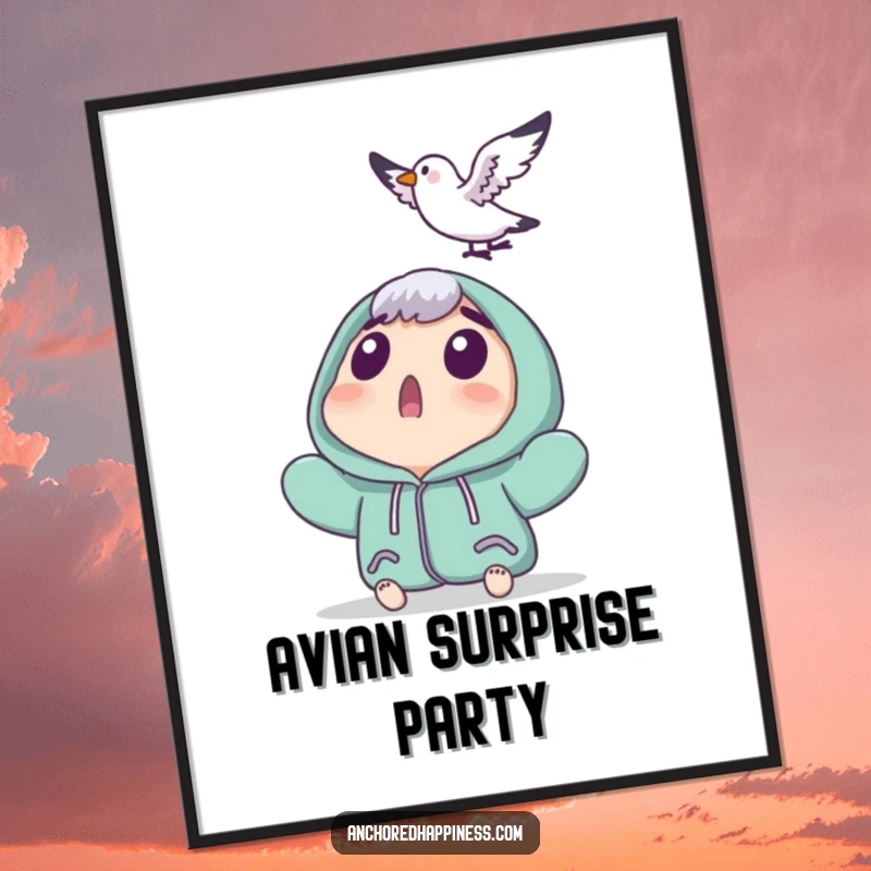 Funny digital art print of a surprised character looking upwards as a tiny seagull lands nearby, offering instant humorous wall decor.