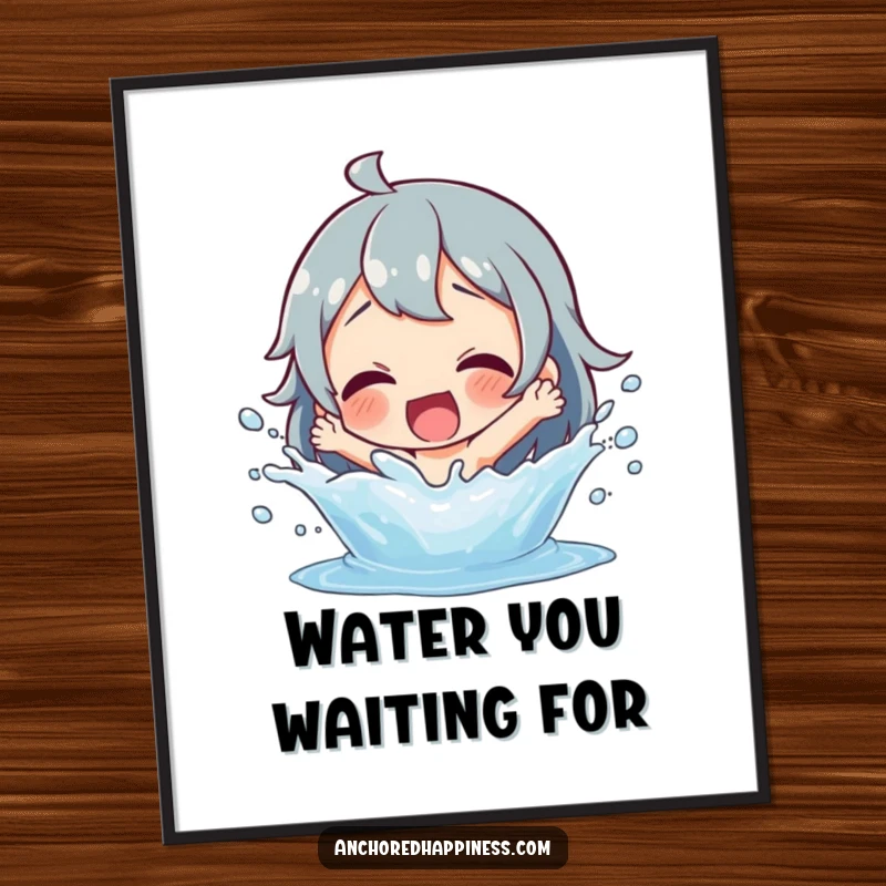 Funny splashing fun digital art print of a delighted character joyfully splashing water, perfect for instant wall decor.