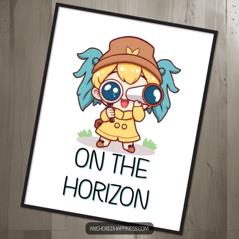 Funny digital art print of a cute character holding a spyglass, looking ahead with pure excitement, instant wall decor.