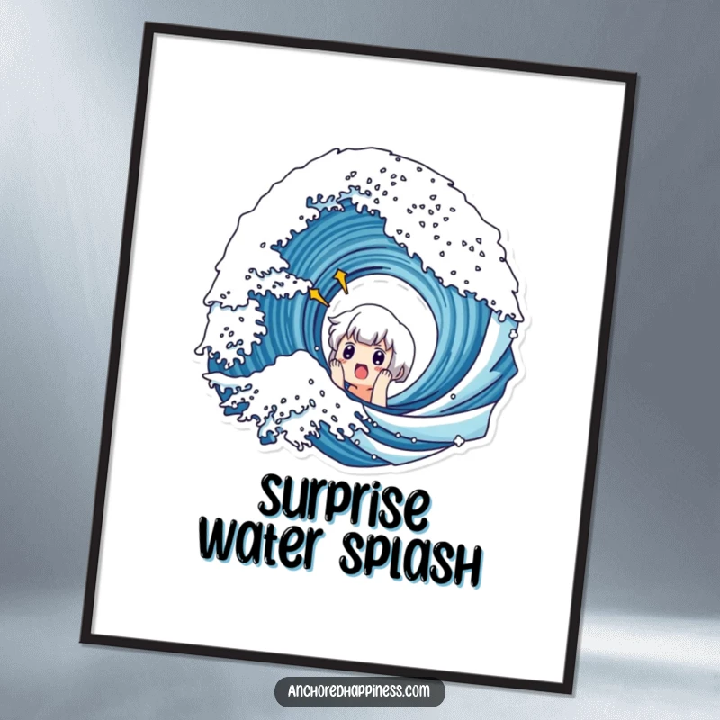 Funny digital art of a cute character showing comical surprise and shock at a large ocean wave, a humorous piece.