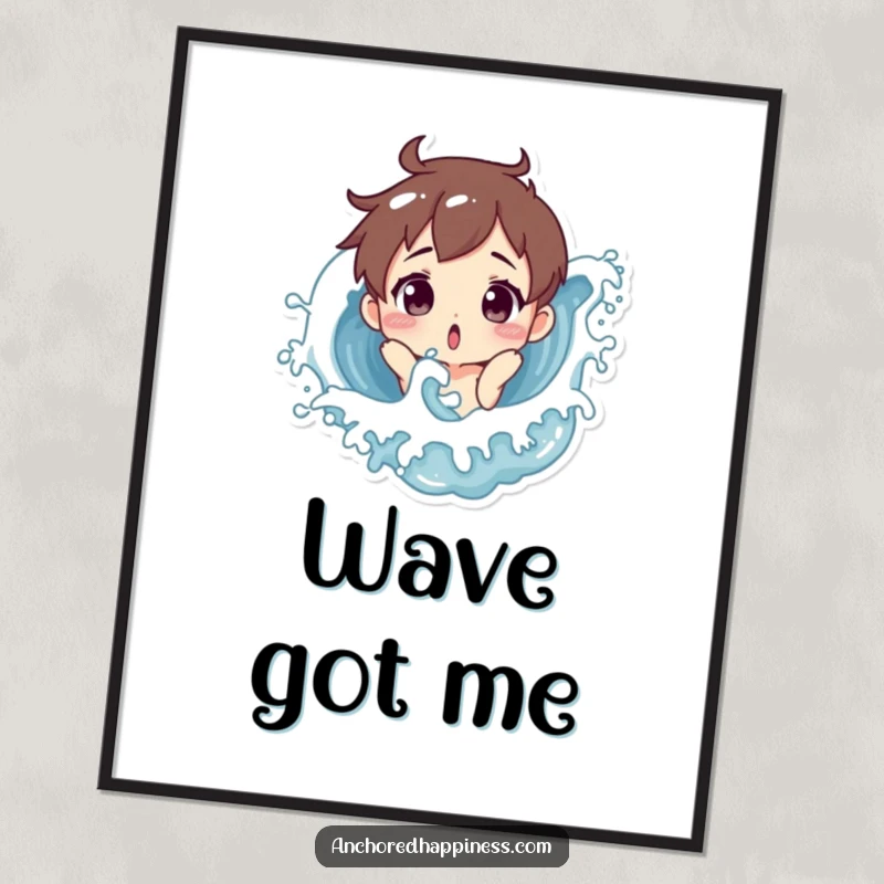 Funny digital art print of a surprised character being playfully splashed by an ocean wave, printable wall decor for humorous spaces.