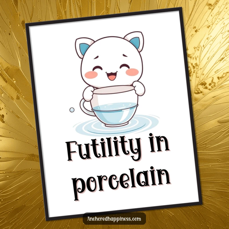 Funny digital art print of a grinning character comically bailing water with a tiny teacup, printable wall decor for humorous spaces.