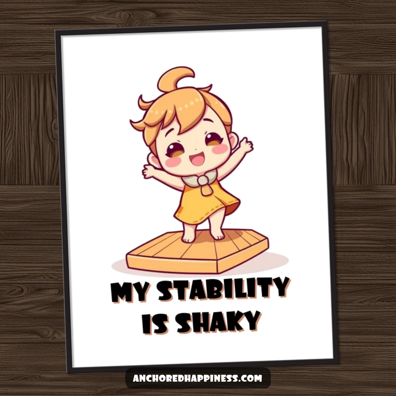 Funny digital art print of a character performing a hilarious dance on a tilted wooden deck, delivering instant joy and humor.