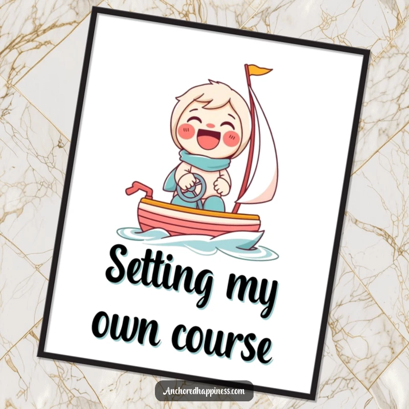 Funny digital art print of a beaming character giggling while steering a tiny toy sailboat, celebrating miniature voyages.