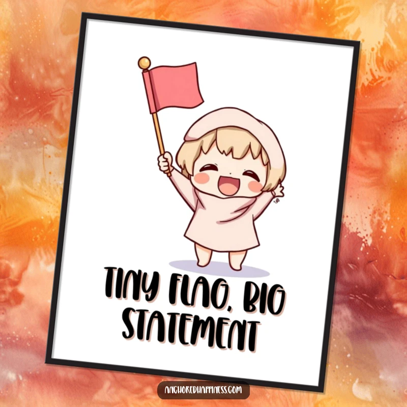 Funny Victory Digital Art Print: Small character excitedly brandishes a tiny, fluffy flag, a vibrant and cheerful piece for instant decor.