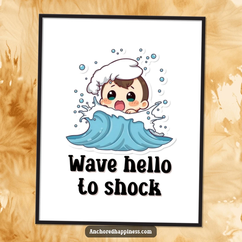 Funny digital art print of a character looking shocked as a playful wave splashes them, delivering instant seaside humor.
