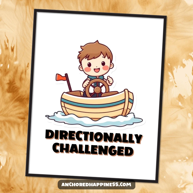 Funny digital art print of a cheerful figure comically steering a small, whimsical boat, perfect for nautical-themed rooms and humorous decor.