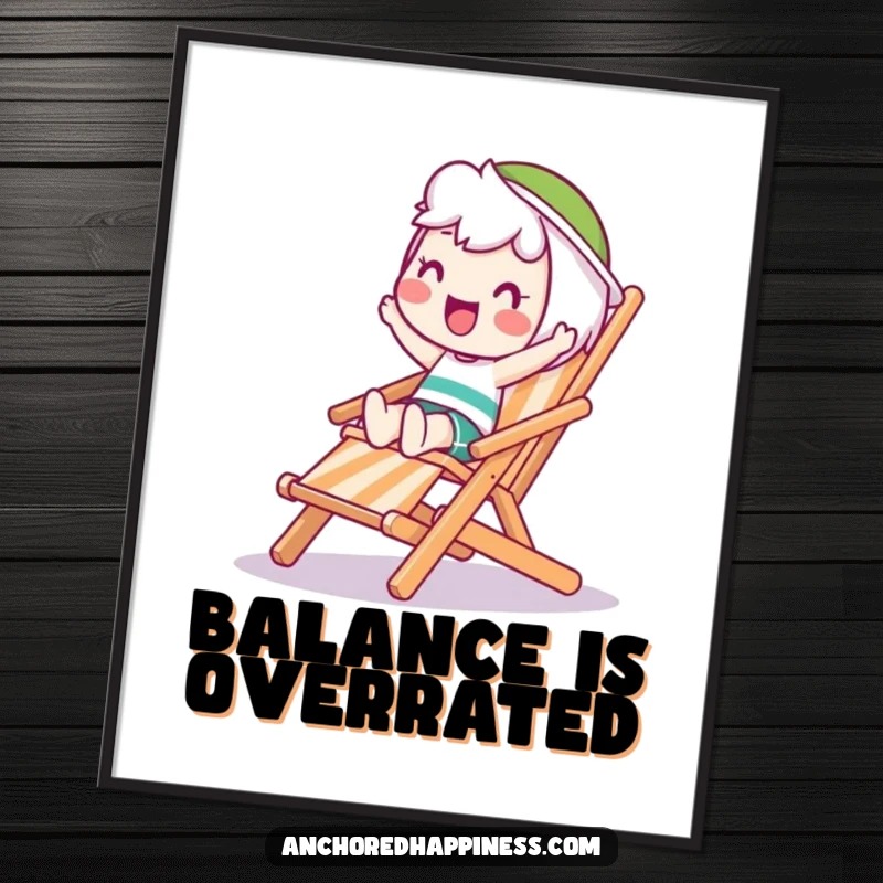 Funny Wobble Digital Art Print: Happy character attempts to balance on a wobbling deck chair, a humorous and eye-catching piece for instant decor.
