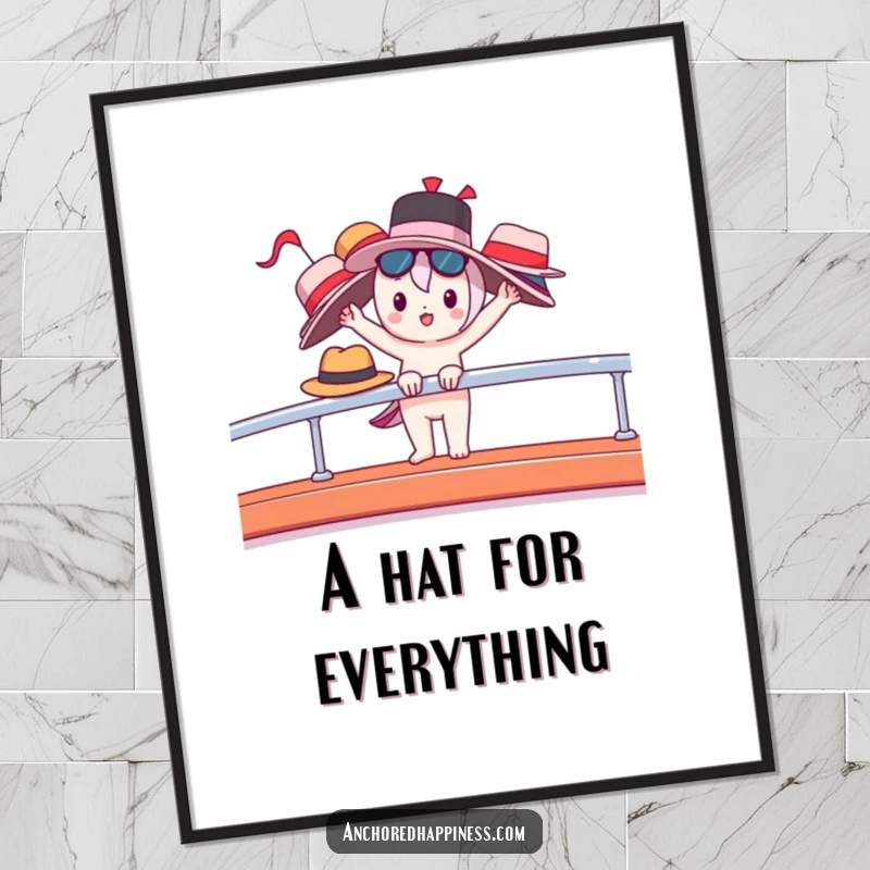 Funny digital art print of a cute character balancing many hats on a yacht railing, embodying playful luxury.
