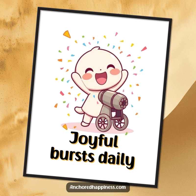 Funny digital art print of a joyful character firing a small confetti cannon, showering colorful paper.