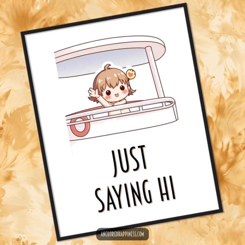 Funny digital art print of a charming figure enthusiastically waving from a boat deck, perfect for nautical-themed rooms and humorous decor.