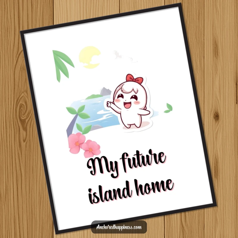 Funny Digital Art Print: Cute character joyfully pointing at a distant island, symbolizing dreams and wanderlust, a beautiful funny gift.