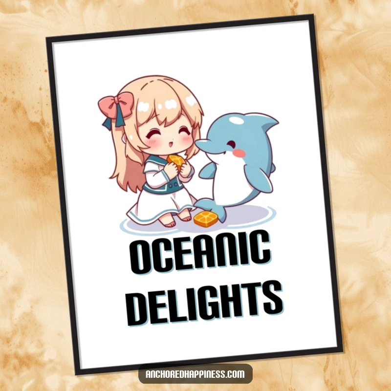 Funny digital art print of a cute character sharing a snack with a friendly dolphin, instant heartwarming decor.