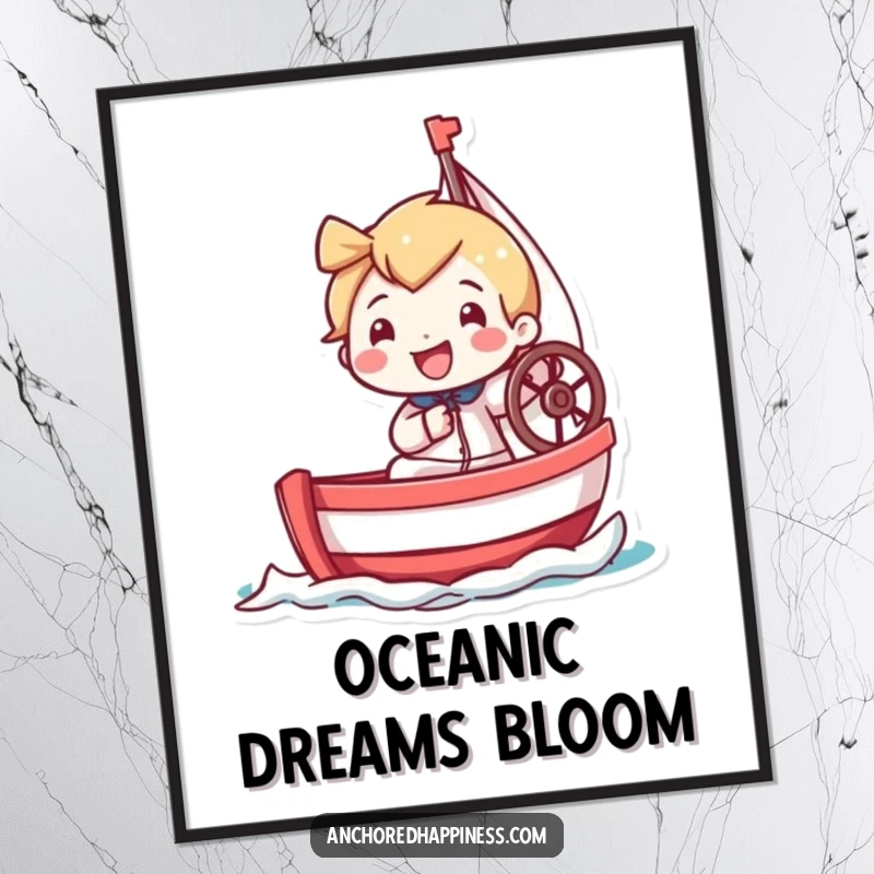 Funny digital art print of a tiny character with a huge grin, enthusiastically steering a miniature sailboat, perfect for vibrant decor.