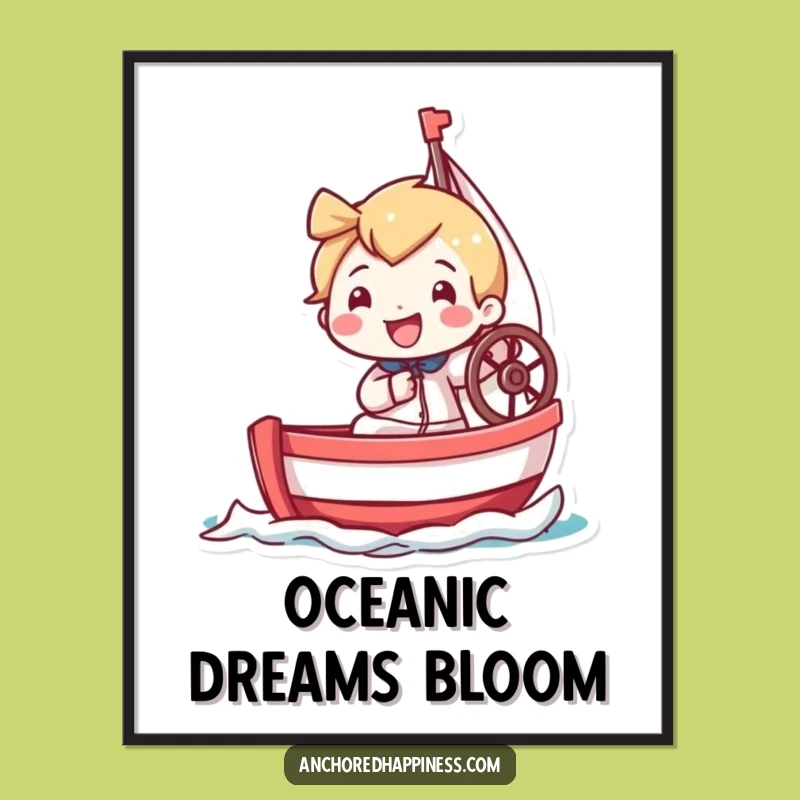 Funny Tiny Sailor Digital Art Print: Grinning Character Steering Miniature Sailboat, Instant Funny Gift and Decor