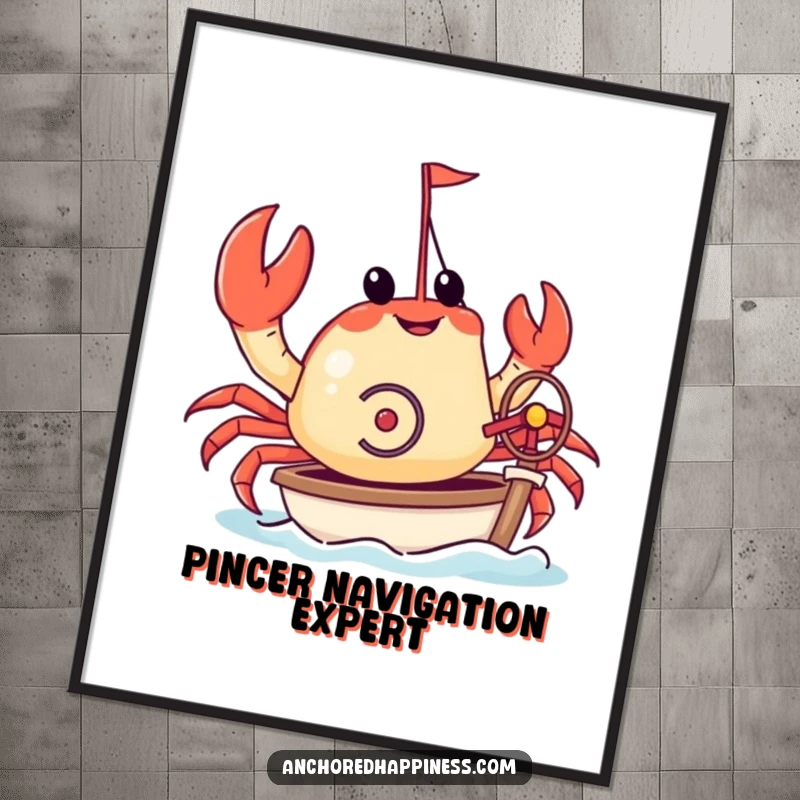Funny digital art print of a crab joyfully steering a miniature yacht with its pincers. Whimsical nautical art for humor lovers. Instant download.