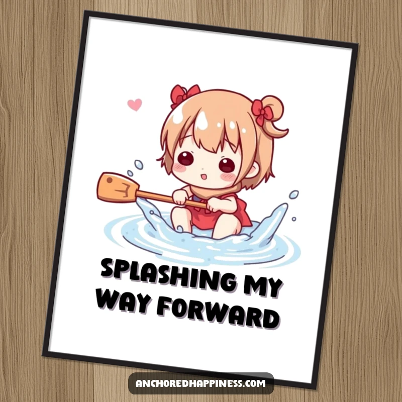 Funny Digital Art Print: Cute character playfully splashing water with a small oar, depicting pure aquatic joy, a vibrant funny gift.