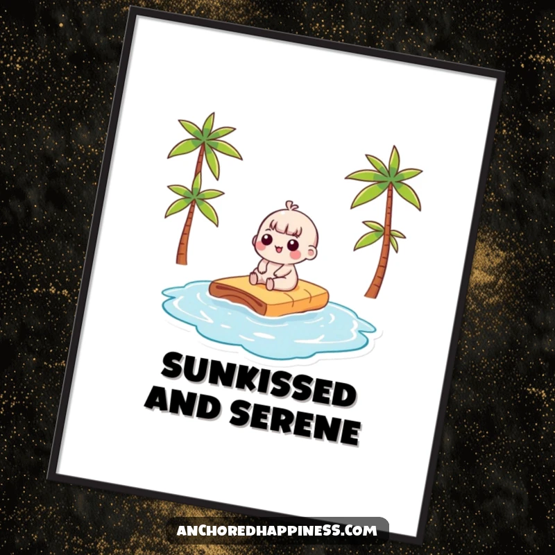 Funny kawaii character happily sunbathing on a tiny raft, a charming digital art print for instant humorous decor.