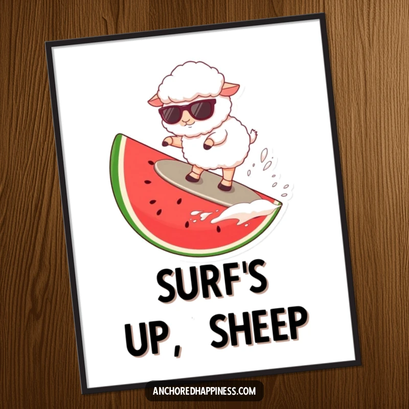Funny sheep wearing sunglasses surfing a giant watermelon slice, high-resolution art for humorous decor.
