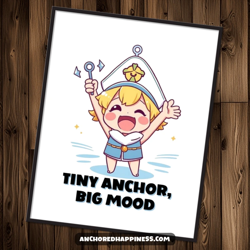 Funny anchor cheer digital art print of an excited character holding a tiny anchor aloft, perfect for instant wall decor.