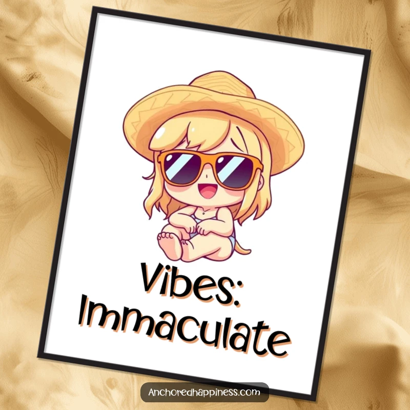 Funny digital art print of a character wearing sunglasses and a straw hat, lounging with delight, delivering instant relaxation.