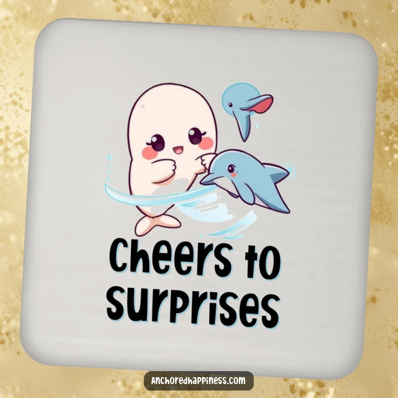 Funny kawaii dolphin surprise coasters, character surprised, pointing at dolphin, protecting surfaces, humorous drink accessory, set of coasters gift.