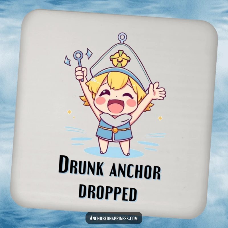 Funny anchor cheer drink coasters featuring an overjoyed character holding a small anchor, perfect for adding humor to gatherings.