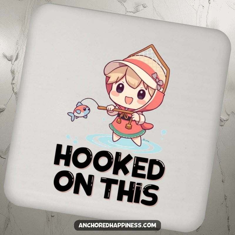 Funny drink coaster with a character using a comically large net to catch a tiny fish, protecting surfaces humorously.