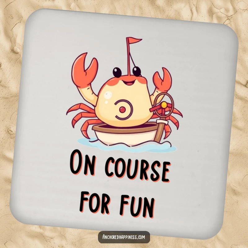Funny drink coaster with a crab steering a miniature yacht with its pincers. Humorous nautical protection for tables. Small but funny.