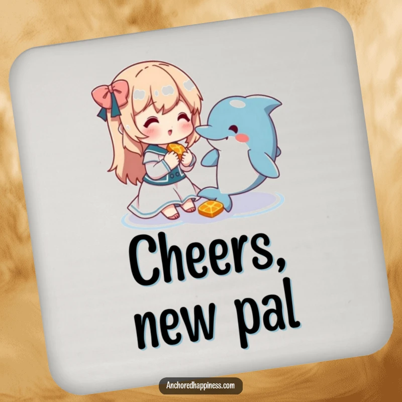 Funny drink coaster featuring a cute character sharing a snack with a friendly dolphin, protecting surfaces with humor.