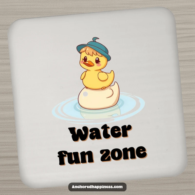 Funny drink coasters featuring a whimsical character balancing on a rubber ducky in the water, adding humor to any beverage setting.