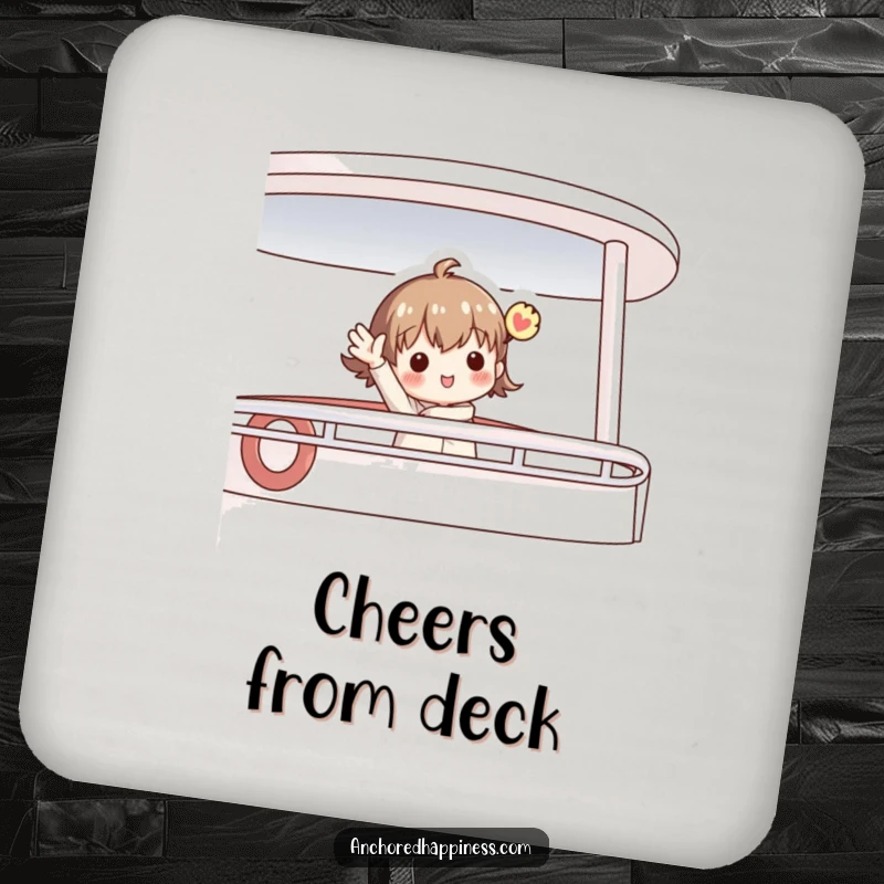 Funny drink coaster with a charming figure enthusiastically waving from a boat deck, protecting surfaces with nautical cheer and humor.