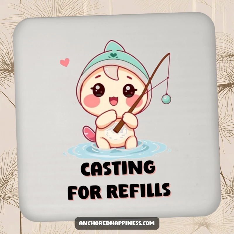 Funny drink coaster with a playful character casting a fishing line with a hopeful expression, protecting surfaces with angling humor.