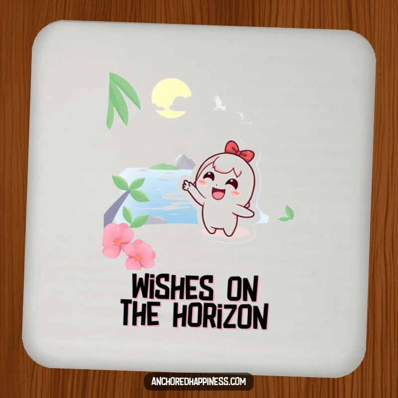 Funny Coaster: Cute character pointing at a distant island, protecting surfaces with a touch of adventure, a small funny gift.