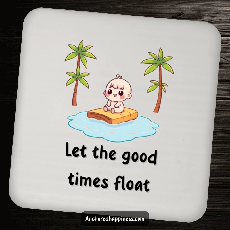 Funny kawaii character sunbathing on a raft, a humorous drink coaster for protecting surfaces with a smile.