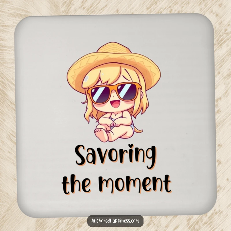Funny drink coaster with a character wearing sunglasses and a straw hat, lounging with delight, protecting surfaces humorously.