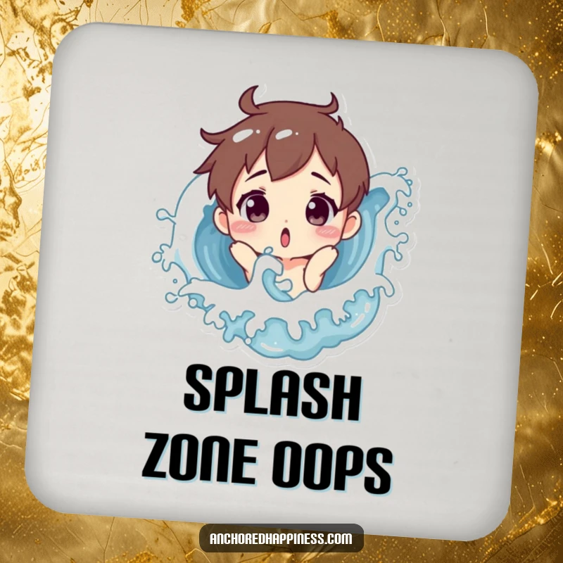 Funny drink coaster with a surprised character being playfully splashed by a wave, protecting tables with coastal-themed humor.