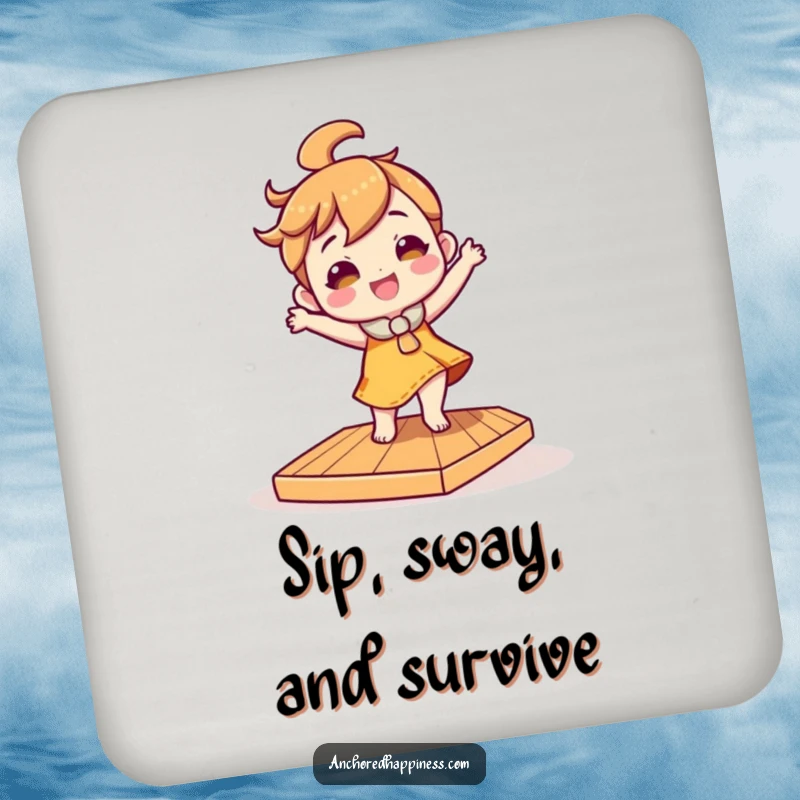 Funny drink coaster with a character doing a silly dance on a slightly tilted wooden deck, protecting surfaces with humor.